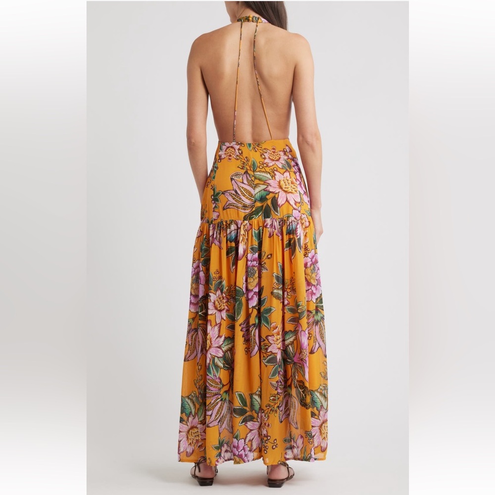 NWT FARM Rio Wonderful Bouquet Halter Maxi Dress Sz Large ORANGE - Picture 2 of 9
